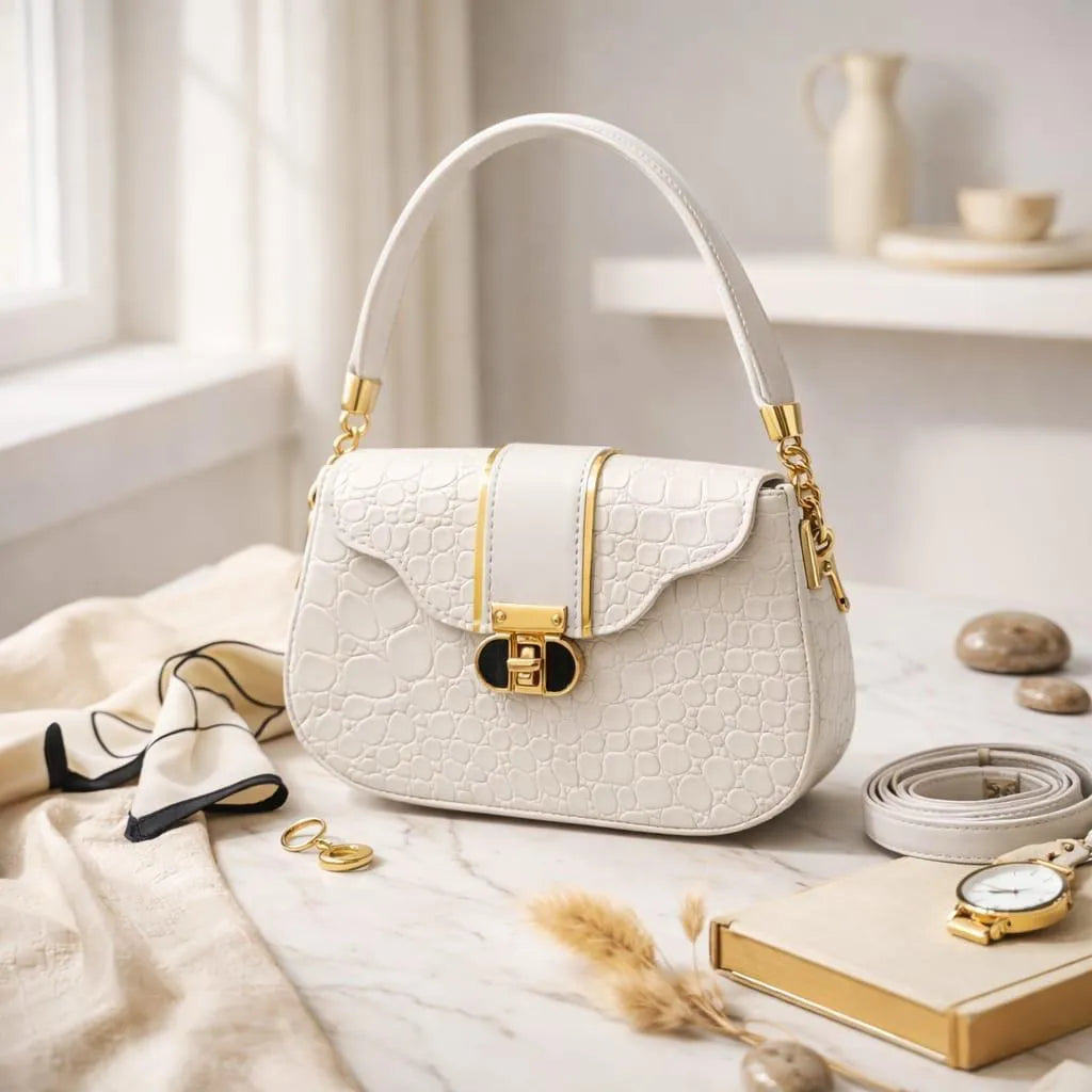 White Leather Shoulder Bag for Women 6x8 Inches