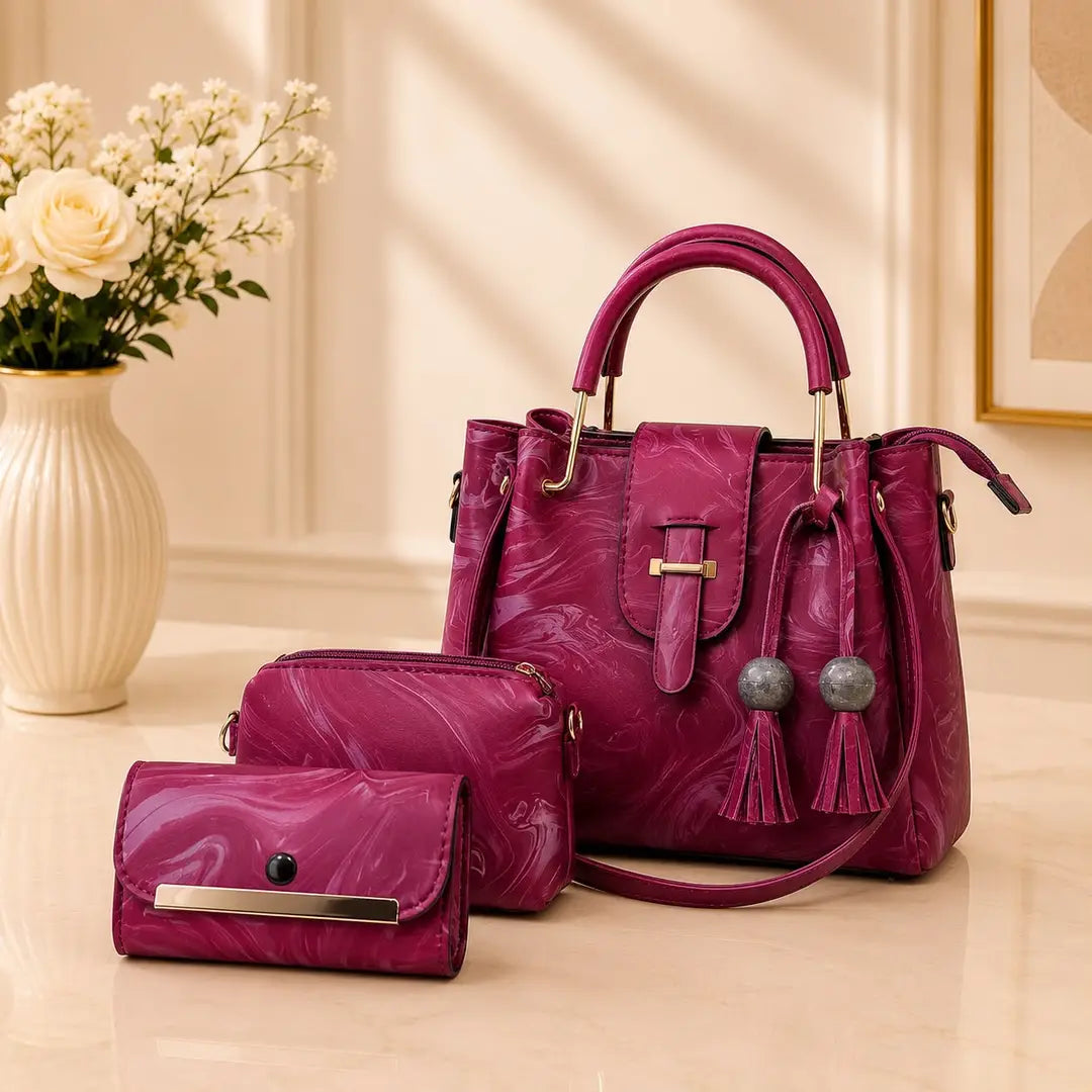 Women's Leather Plain Hand Bag Set