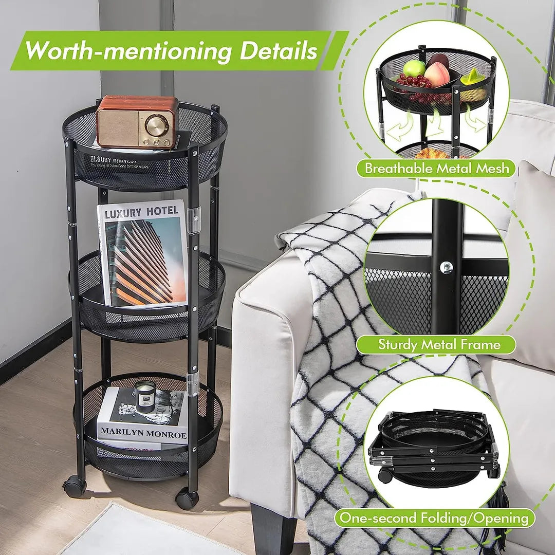 Black 3-Tier Rotating Kitchen Storage Rack with Wheels