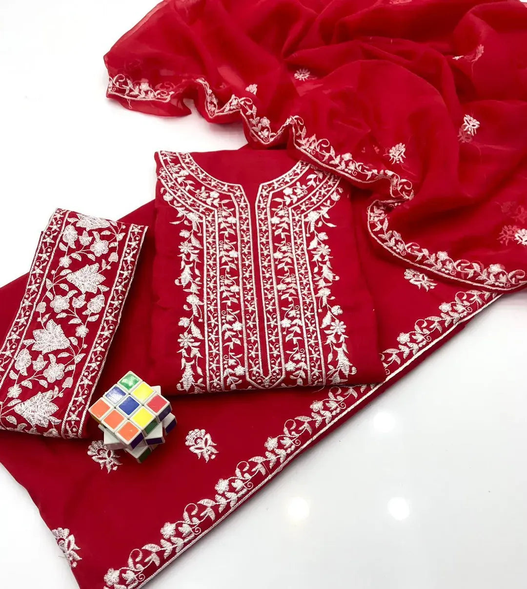 Red Chikankari Lawn 3Pcs Embroidered Suit