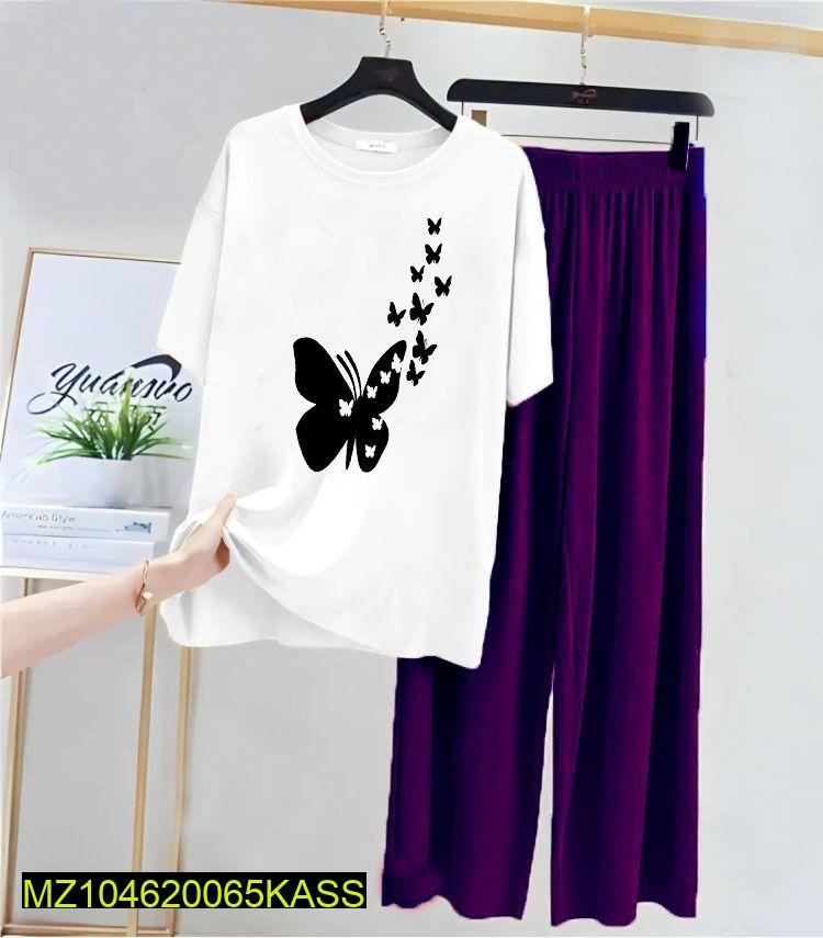White Butterfly Print Night Suit for Women