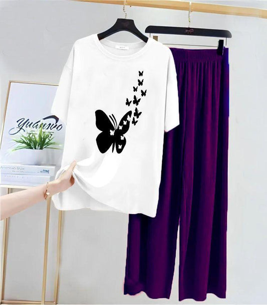 White Butterfly Print Night Suit for Women