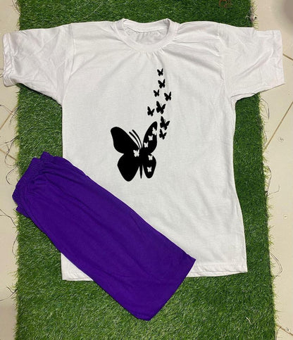 White Butterfly Print Night Suit for Women