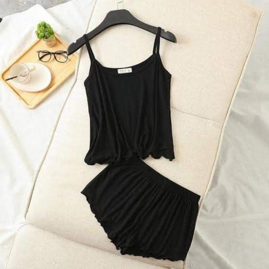 Black Cotton Cami Set with Shorts for Women