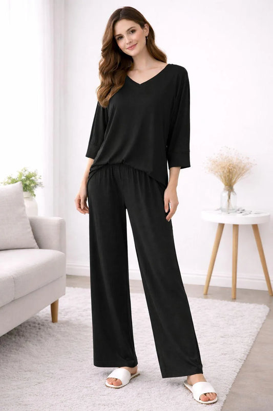 Women's Black V-Neck Cotton Jersey Night Suit 2 Pcs