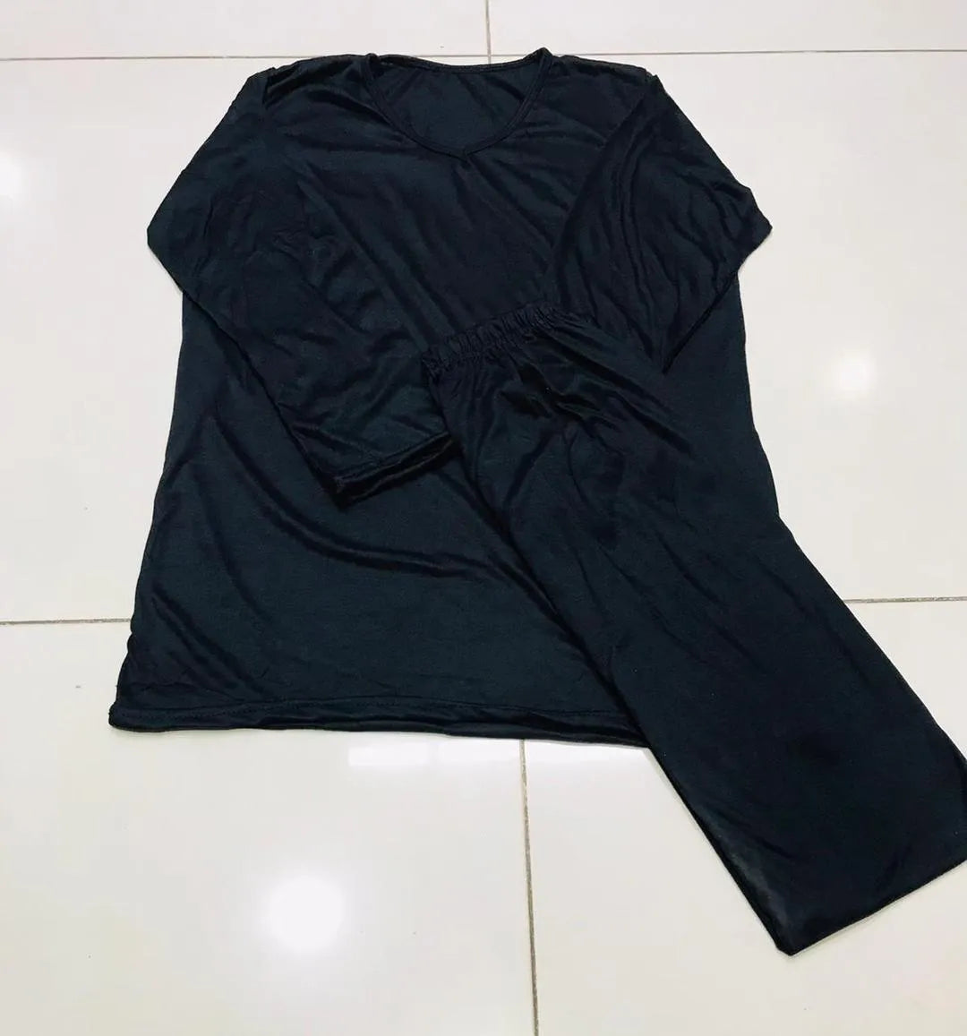 Women's Black V-Neck Cotton Jersey Night Suit 2 Pcs