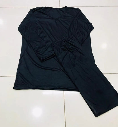 Women's Black V-Neck Cotton Jersey Night Suit 2 Pcs