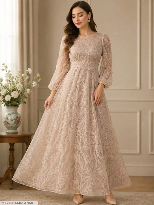 Pakistani Embroidered Gown Dress Beige Net Long Sleeve