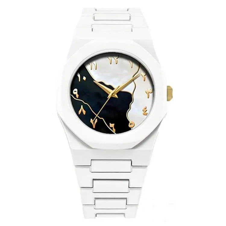 White Marble Dial Watch for Men Carbon Fiber