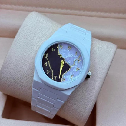 White Marble Dial Watch for Men Carbon Fiber