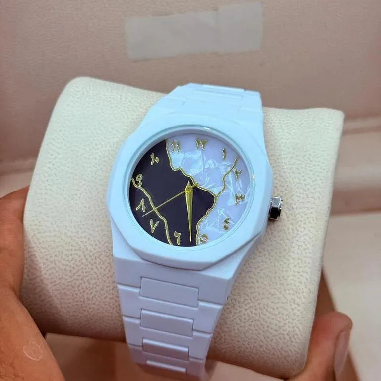 White Marble Dial Watch for Men Carbon Fiber