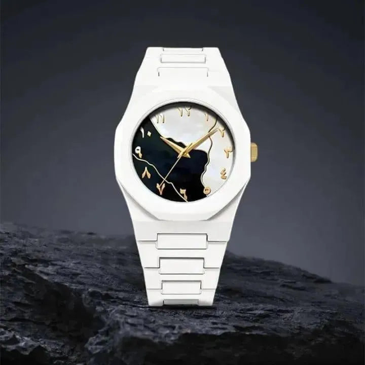 White Marble Dial Watch for Men Carbon Fiber