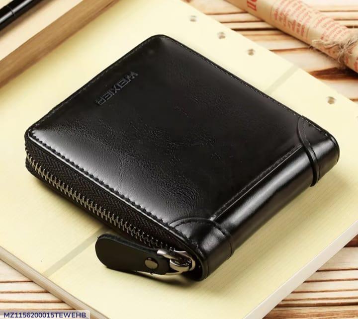 Black Leather Wallet for Men with Zipper Closure