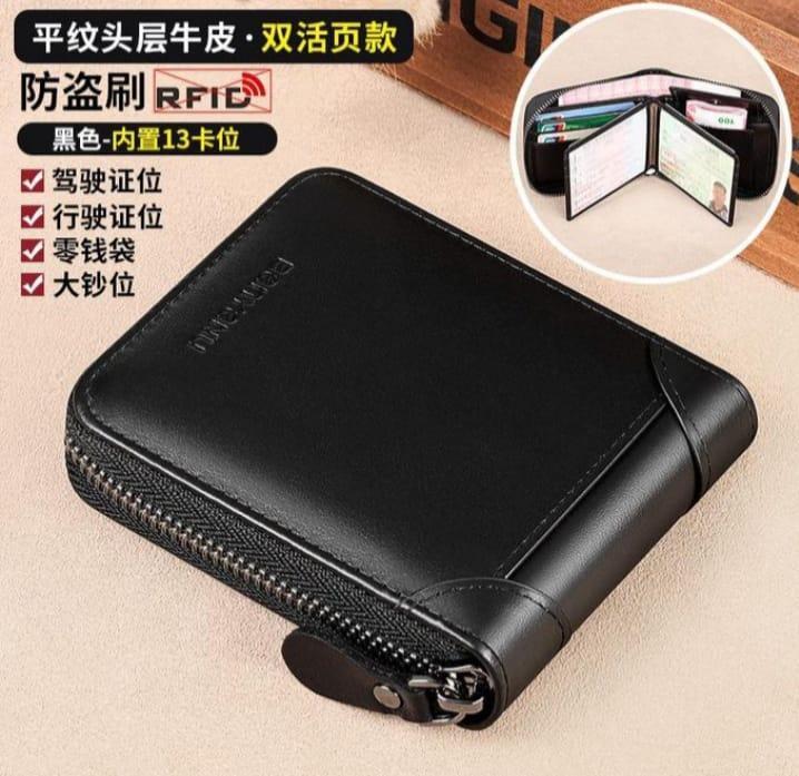 Black Leather Wallet for Men with Zipper Closure