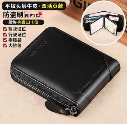 Black Leather Wallet for Men with Zipper Closure
