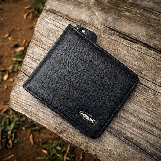 Black Leather Wallet for Men with Zipper Closure