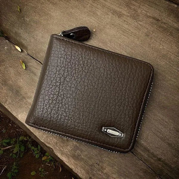 Black Leather Wallet for Men with Zipper Closure