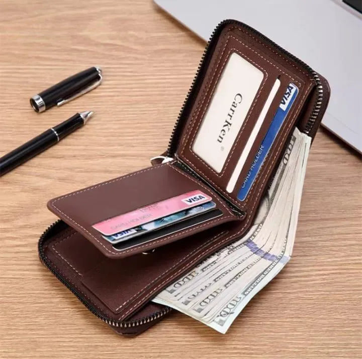 Black Leather Wallet for Men with Zipper Closure