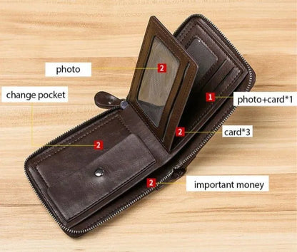 Black Leather Wallet for Men with Zipper Closure