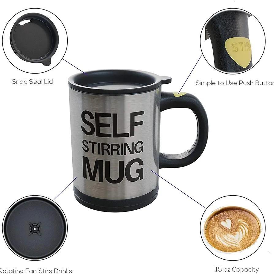 Self-Stirring Mug Stainless Steel Black Handle