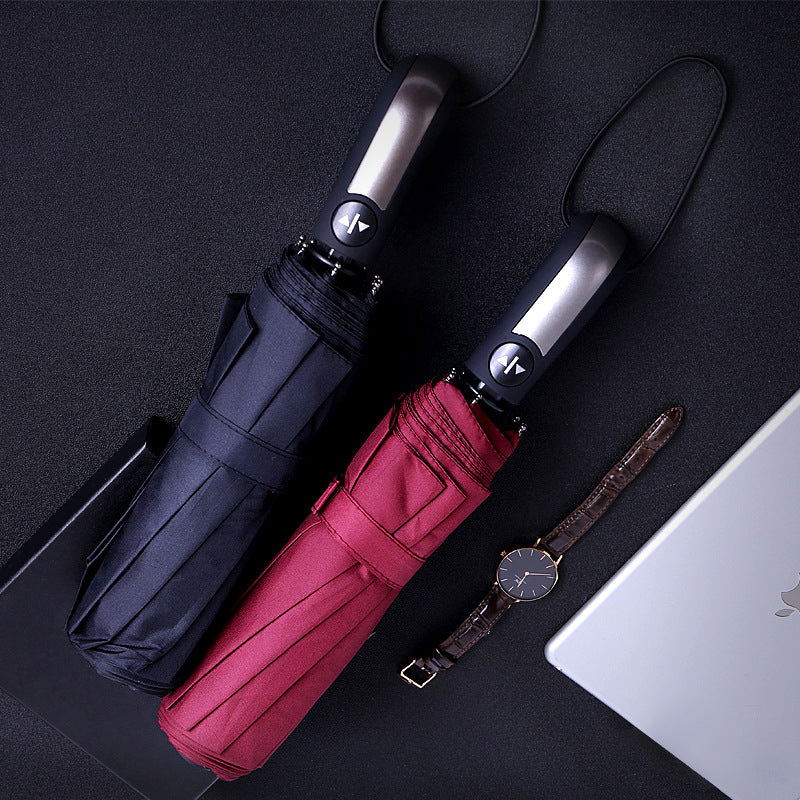 Automatic Folding Sun Umbrella with Black Leather Case for Men Women