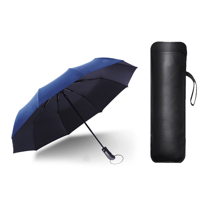 Automatic Folding Sun Umbrella with Black Leather Case for Men Women