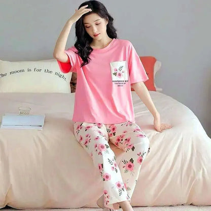 Women Printed Cotton Night Suit Pink Medium to XL
