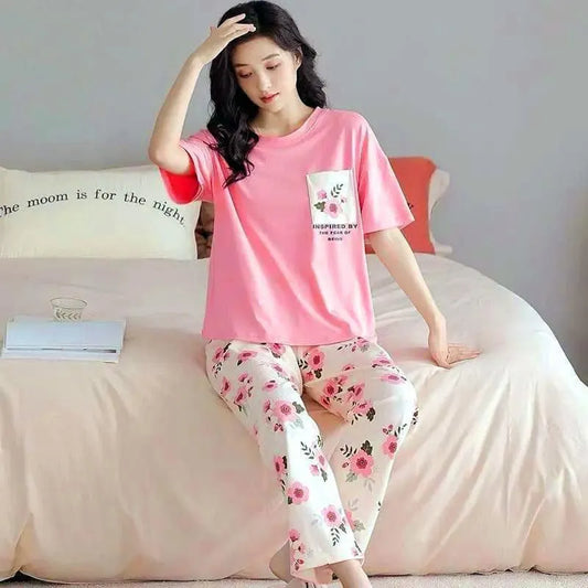 Women Printed Cotton Night Suit Pink Medium to XL