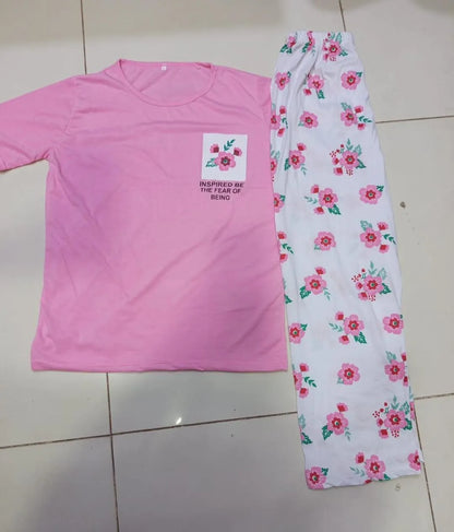 Women Printed Cotton Night Suit Pink Medium to XL
