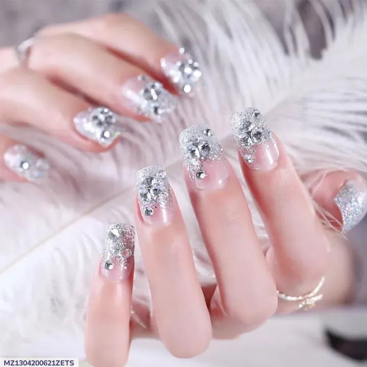 Double Size Acrylic Nails Silver Glitter Pakistani Brides