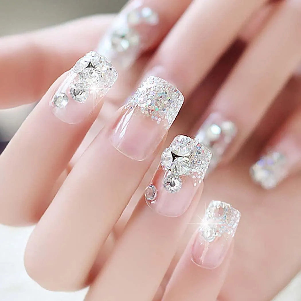 Double Size Acrylic Nails Silver Glitter Pakistani Brides