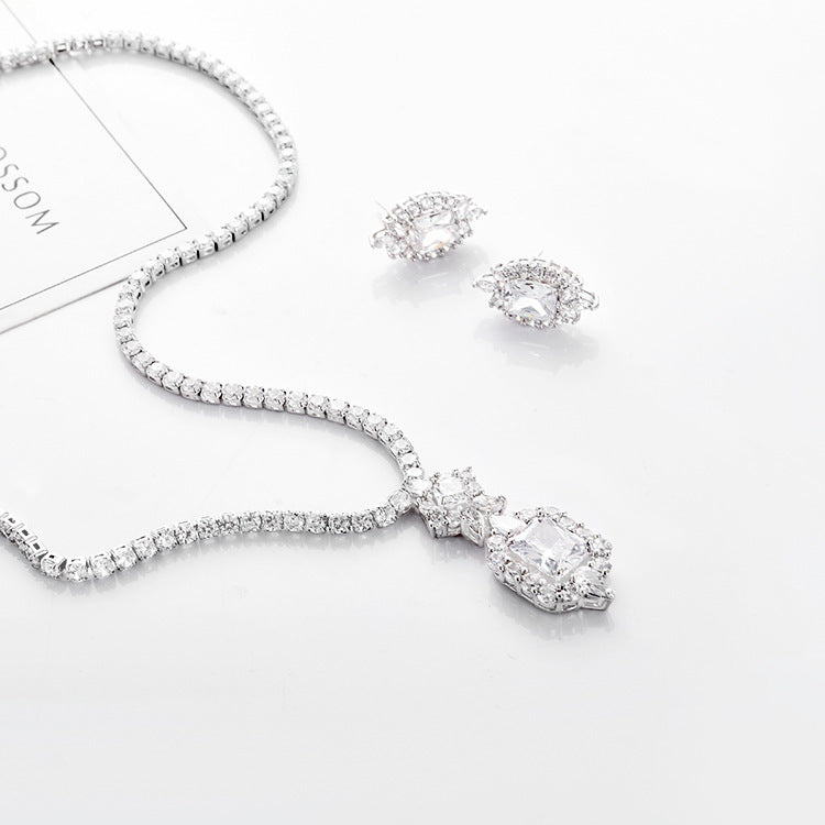 Zircon Necklace & Earrings Set Champagne Gold Bridal Wear