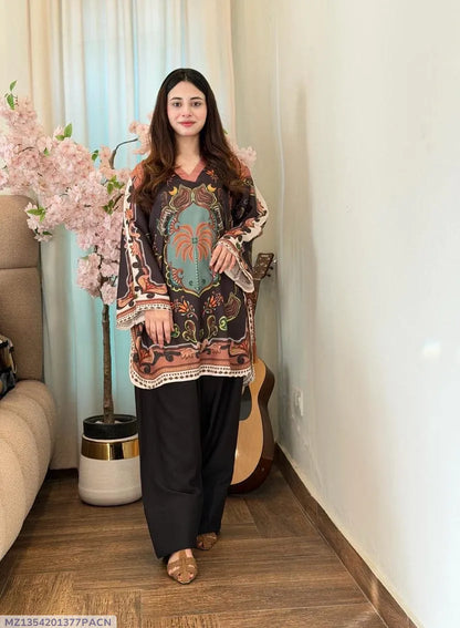 2 Pcs Women's Stitched Swiss Lawn Printed Shirt And Trouser