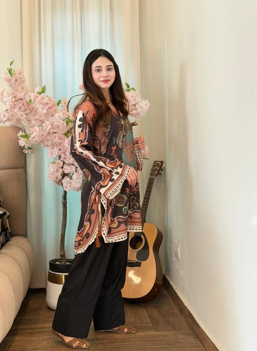 2 Pcs Women's Stitched Swiss Lawn Printed Shirt And Trouser