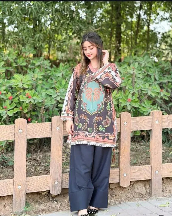 2 Pcs Women's Stitched Swiss Lawn Printed Shirt And Trouser
