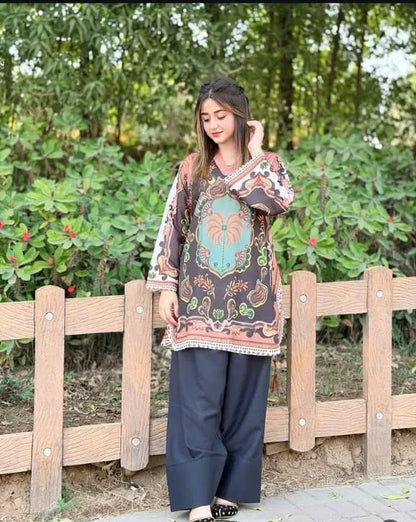 2 Pcs Women's Stitched Swiss Lawn Printed Shirt And Trouser