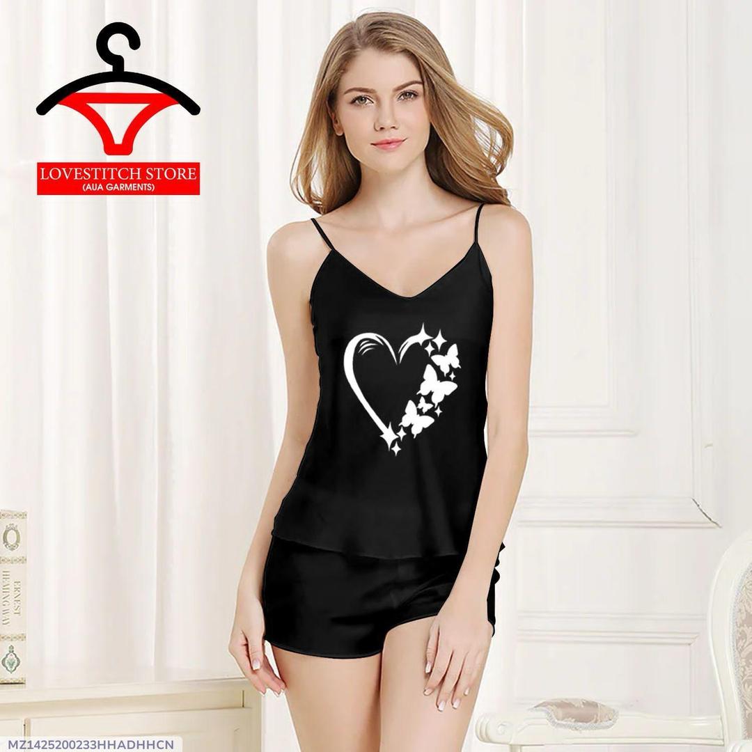 Silk Camisole Set Black Heart Butterfly Lightweight