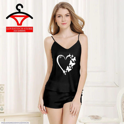 Silk Camisole Set Black Heart Butterfly Lightweight