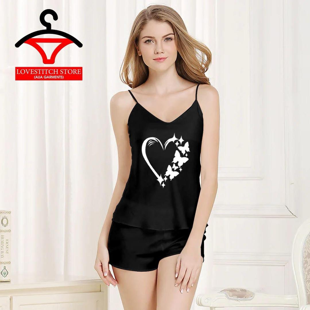 Silk Camisole Set Black Heart Butterfly Lightweight