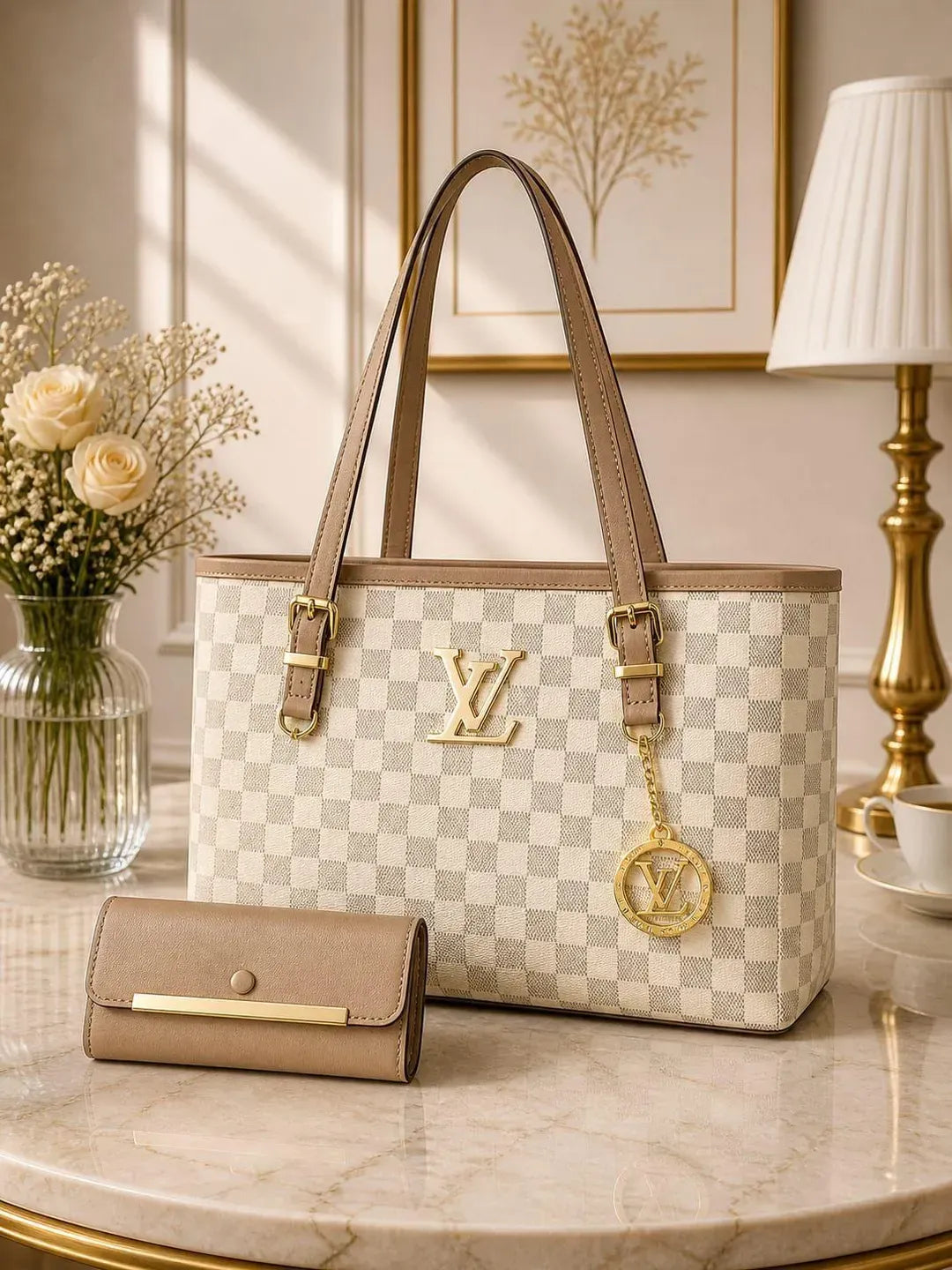 Women's Beige Checkered Shoulder Bag with Gold Plated Hardware