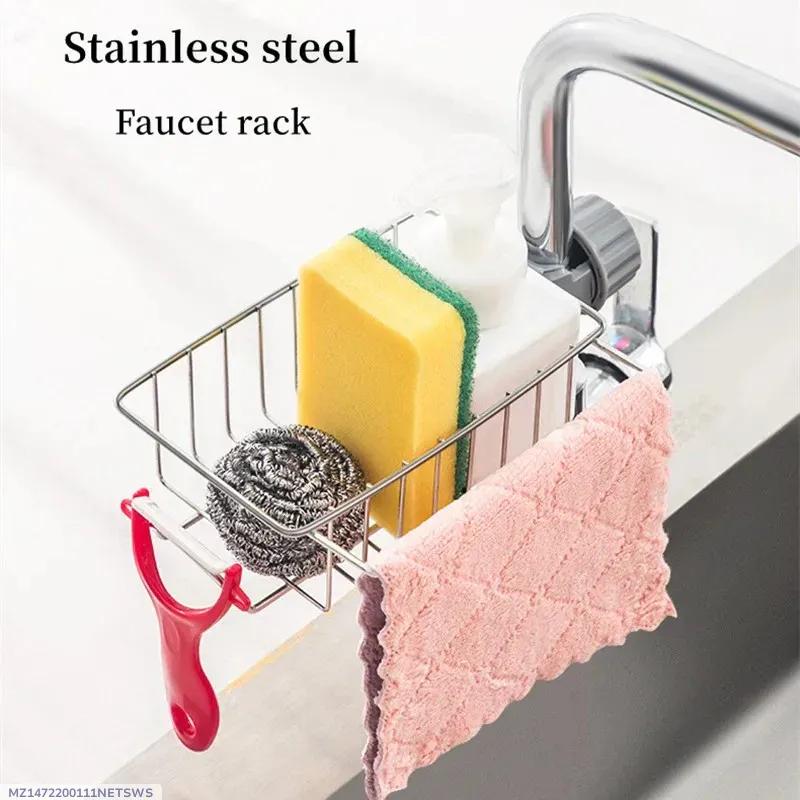 Stainless Steel Faucet Rack with Sponges and Cloths