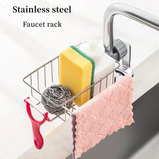 Stainless Steel Faucet Rack with Sponges and Cloths