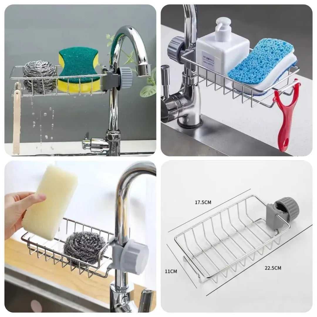 Stainless Steel Faucet Rack with Sponges and Cloths