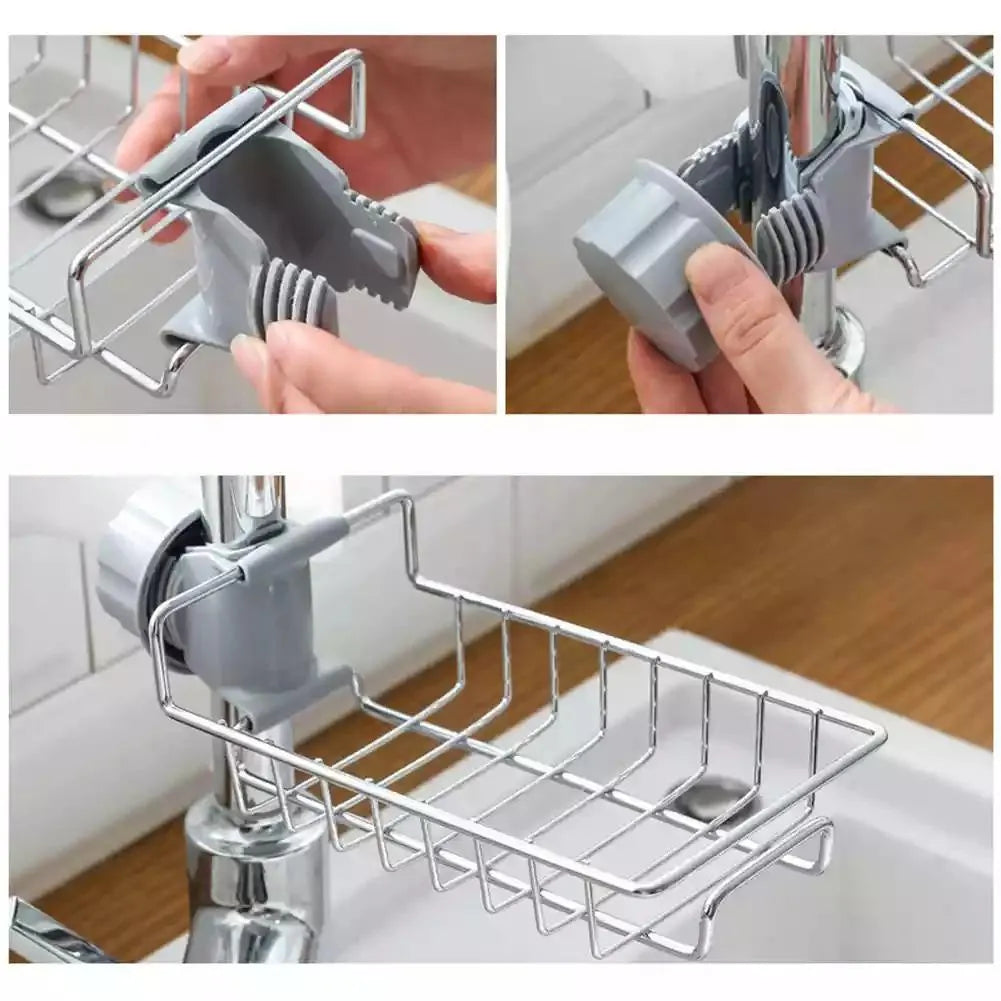 Stainless Steel Faucet Rack with Sponges and Cloths