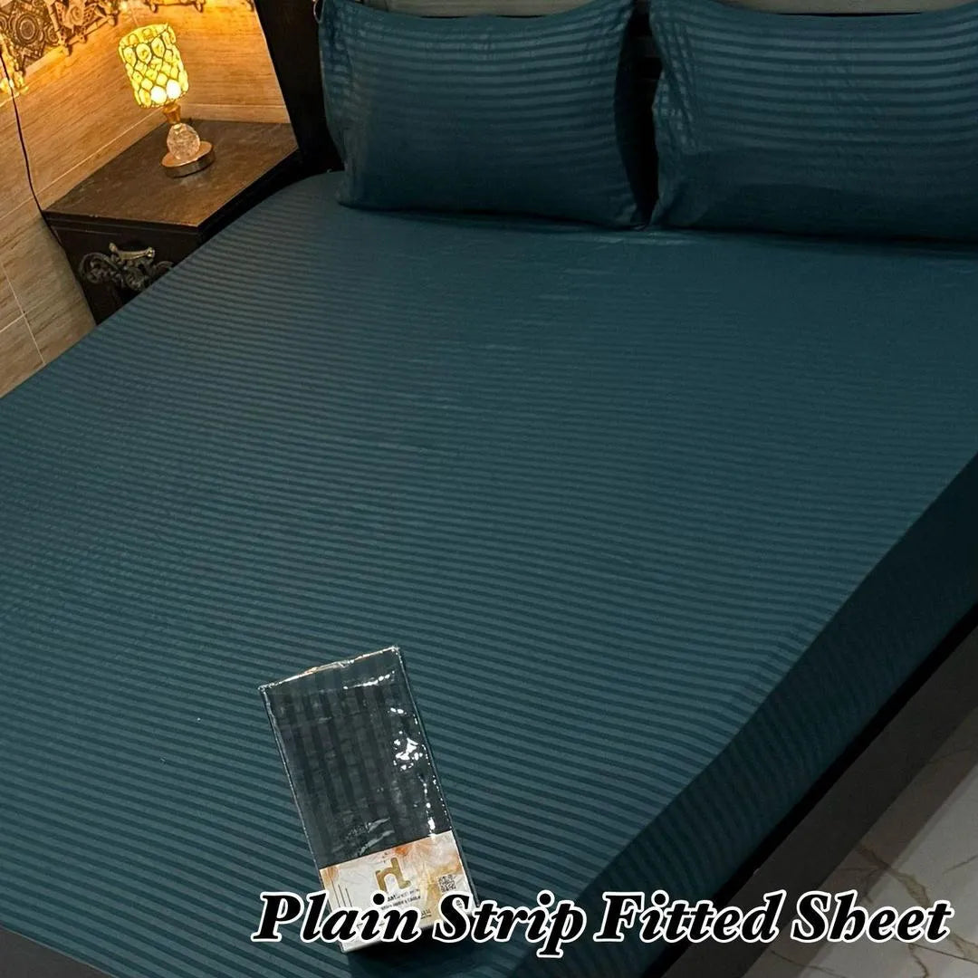 Vibrant 3 Pcs Micro Stripe Plain Double Bed Fitted Sheet