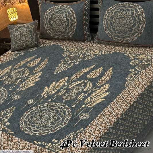 Exclusive 4 Pcs Velvet Jacquard Embroidered Double Bedsheet