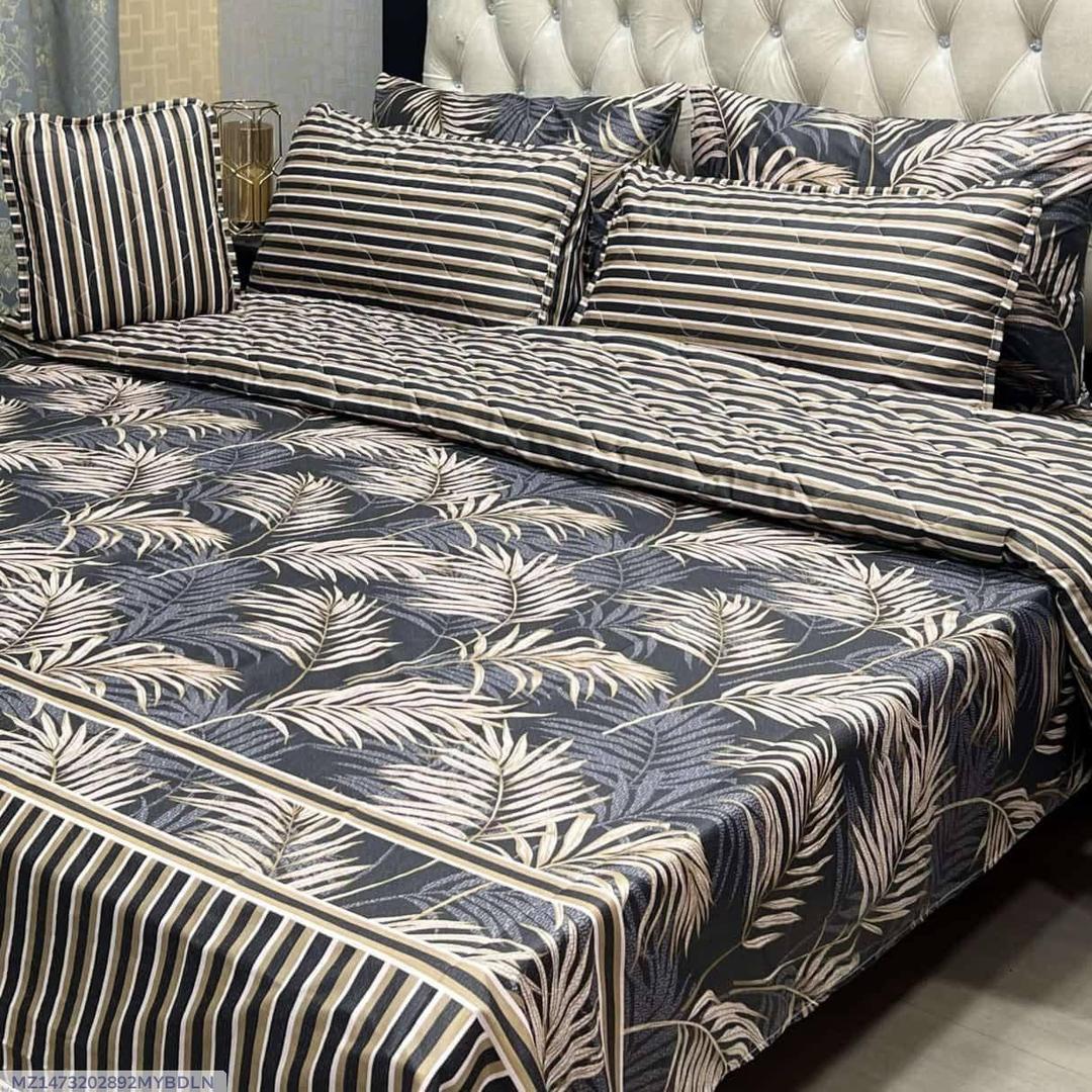 Premium Cotton Palm Leaf Printed Bed Set Brown White