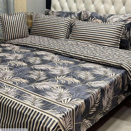 Premium Cotton Palm Leaf Printed Bed Set Brown White