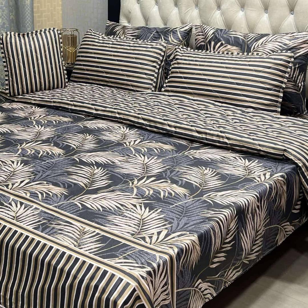 Premium Cotton Palm Leaf Printed Bed Set Brown White