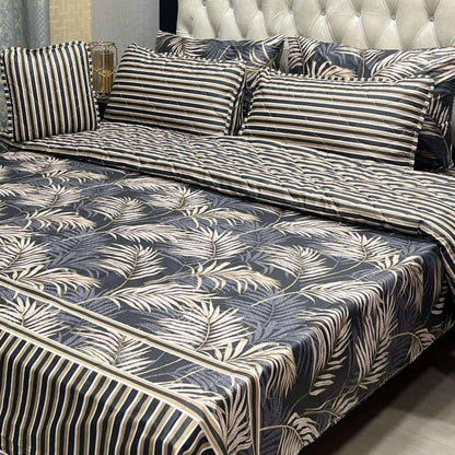 Premium Cotton Palm Leaf Printed Bed Set Brown White